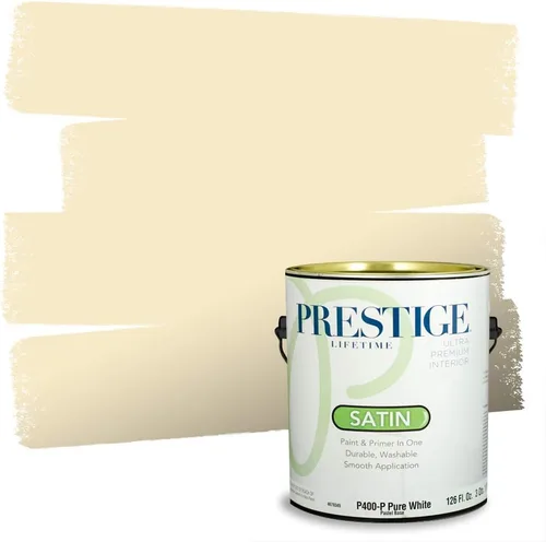 Vista 107 de PRESTIGE Pinturas de pintura exterior e imprimación en uno, 1 galón, plano, combinación comparable de Benjamin Moore* Manzanilla*
