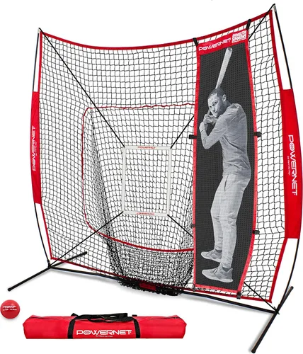 PowerNet Red de softbol y béisbol de 7 x 7 pies con zona de bateo y golpe de pie, accesorios de ayuda de lanzamiento, mejora la precisión, equipo de