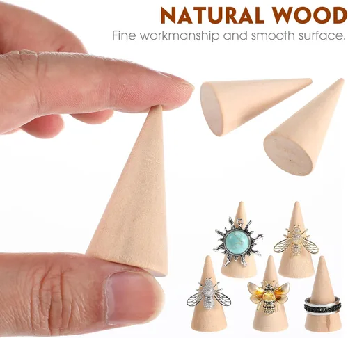 Vista 3 de EXCEART Cono de madera sin pintar, 10 unids 1.0x2.0 in Cono de artesanía de madera DIY y sin pintar ornamento para pintar anillo titular joyería