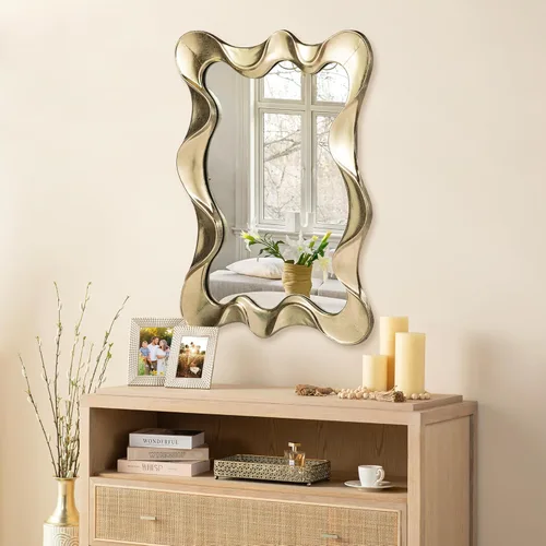Vista 10 de Glitzhome Wavy Wall Miroor - 33.5''D Round Accent Mirror Decorative or Bedroom Living Room Entryway Hallway, Black Wood Frame