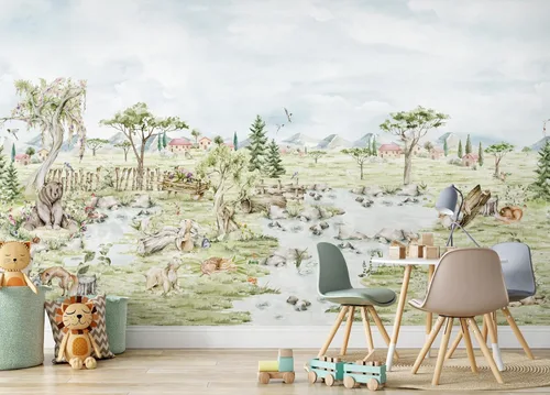 Murwall Kids Woodland Animals Wall Mural Watercolor Village Wallpaper for Toddler Room| Nursery Nature Wallpaper