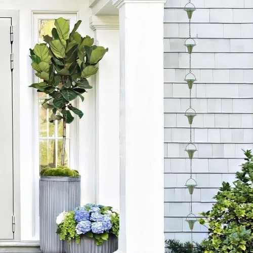 Vista 6 de Cadenas de lluvia de 10 pies para canalones, cadena captadora de lluvia de metal para drenaje de aleros, cadenas de canaletas de lluvia con 10 copas