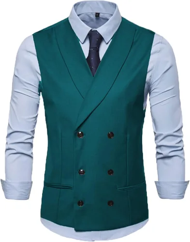 Vista 2 de Tuikayoo Chaleco de traje para hombre, chal con solapa y ajuste delgado, chaleco de doble botonadura, mejor hombre