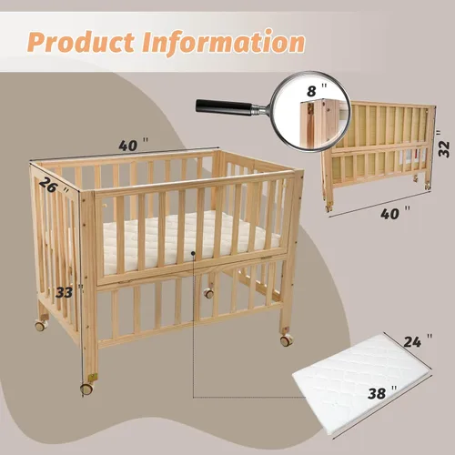 Vista 6 de Flwrgirl - Cuna de madera plegable junto a la cama - Cuna portátil 4 en 1 para bebé con colchón transpirable, cuna de 3 alturas con ruedas, cuna