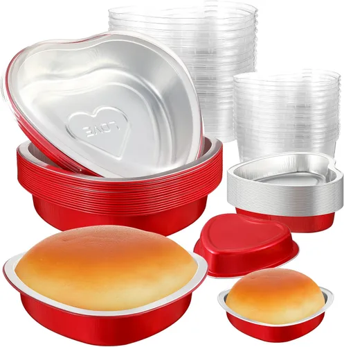 Vista 9 de Meanplan Paquete de 30 moldes de aluminio en forma de corazón de 9 onzas, 3.4 y 1.86 onzas, molde de aluminio desechable para pasteles de San