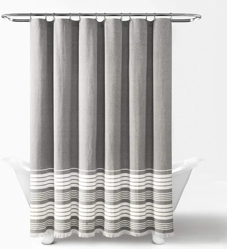 Vista 2 de Lush Decor - Cortina de regadera de borlas de algodón teñido en hilado Nantucket, 72" de ancho x 72" de largo, gris - Cortinas de regadera grises