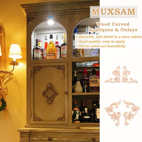 Vista 6 de MUXSAM Apliques decorativos de madera, 2 pares de flores talladas de madera sin pintar para armarios, cofres, espejos, cajas, puertas, paredes