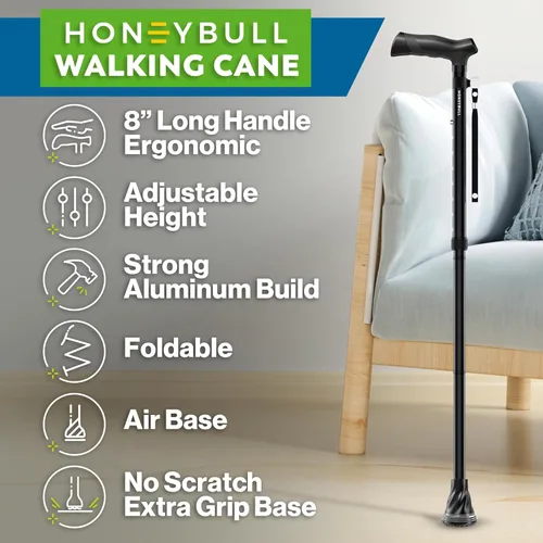 Vista 2 de HONEYBULL Walking Cane for Men & Women – Foldable, Adjustable, Lightweight Cane with Air Cushion Tip for Stability & Ergonomic Grip, Heavy Duty