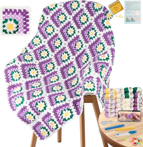Vista 14 de Coopay Kit de manta de ganchillo para principiantes, kit de manta cuadrada de abuela todo en uno con video paso a paso y suficientes hilos. Maestra