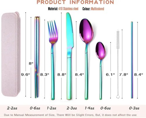 Vista 2 de AARainbow - Juego de cubiertos de acero inoxidable de 6 piezas, transportables, reutilizables, utensilios de viaje, incluye palillos, cuchillo