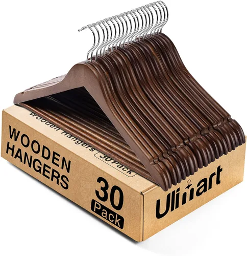 Vista 10 de Paquete de 20 perchas de madera con acabado liso, colgador de ropa resistente para trajes, chaquetas, pantalones, vestidos, perchas para armario