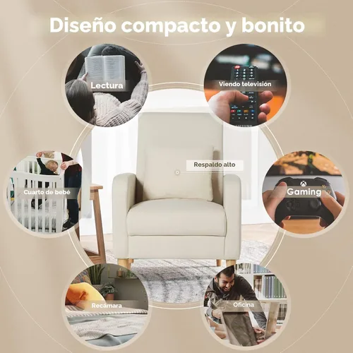 Vista 6 de COLAMY Silla decorativa moderna Mid-Century tapizada de tela con almohada trasera y patas de madera maciza, cómodo sillón para sala de estar Beige