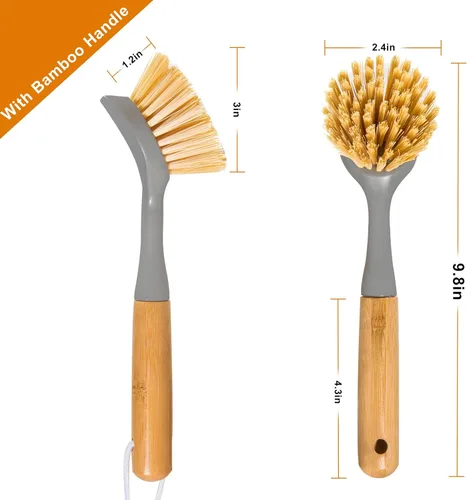 Vista 5 de Paquete de 2 cepillos para platos con mango de bambú, raspador integrado para platos, cepillo para sartenes, ollas, limpieza de mostrador