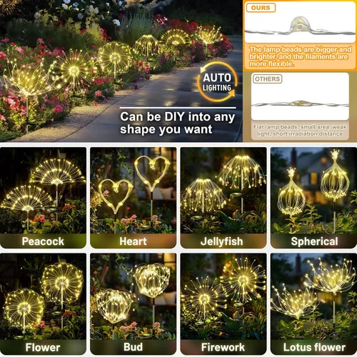 Vista 3 de Anordsem Luces Solares Decorativas para Exteriores: Alambre de Cobre Flexible con 120 Cuentas LED de Fuegos Artificiales - Impermeables 2 Modos