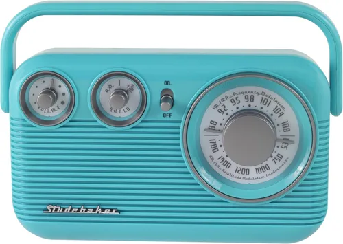 Studebaker SB2003 Radio AM FM portátil retro | Altavoz incorporado | Alimentado por CA/batería | Cable de entrada auxiliar (paquete) (Turquesa)