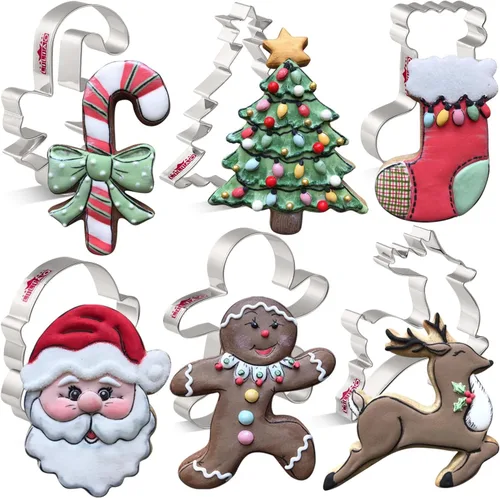 LILIAO Juego de 6 cortadores de galletas de Navidad, árbol de Navidad, cara de Papá Noel, hombre de jengibre, reno, bastón de caramelo, cortadores