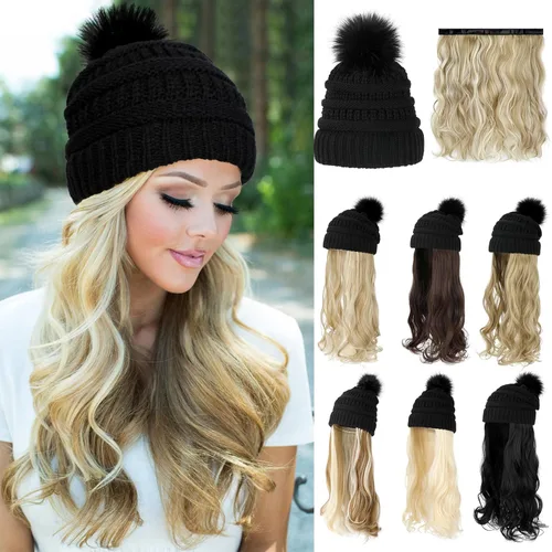 Vista 10 de Gorro Peluca Gorro de Lana con Cabello Extensiones Largas Onduladas Gorro de Punto con Pompón Adjunto de 20" Pieza de Cabello Sintética Removible