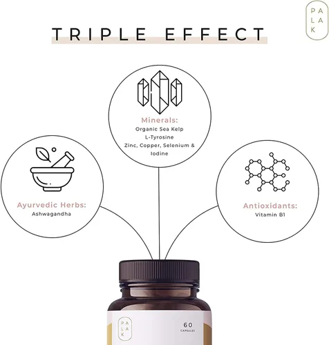 Vista 5 de Palak Note Miduty Triple Thyro Care - Selenio, algas marinas, L-tirosina, zinc, Ashwagandha, B1 (paquete de 60 cápsulas)