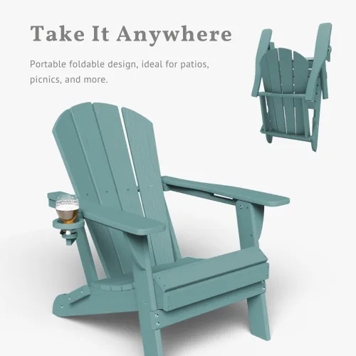 Vista 5 de Sillas plegables Adirondack con portavasos, juego de 4 sillas de plástico HDPE para exteriores, resistentes a la intemperie, aspecto de madera real