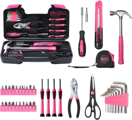 Kit de herramientas básicas de 39 piezas para mujeres, juego de herramientas rosadas multiusos para el hogar con herramientas manuales y caja de