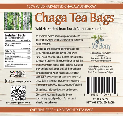 Vista 2 de Bolsas de té Chaga de My Berry 100% canadiense cosechado en la naturaleza Té de hierbas 100% sin cafeína sin aditivos 25 bolsas sin blanqueador
