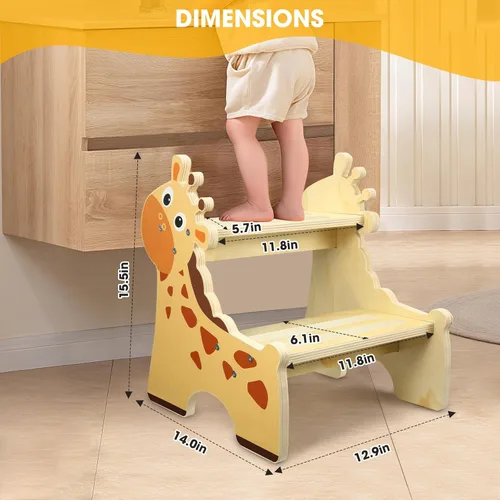 Vista 2 de Taburete para niños pequeños, taburete de madera de 2 escalones para niños pequeños con base antideslizante, bonito diseño impreso para Jirafa