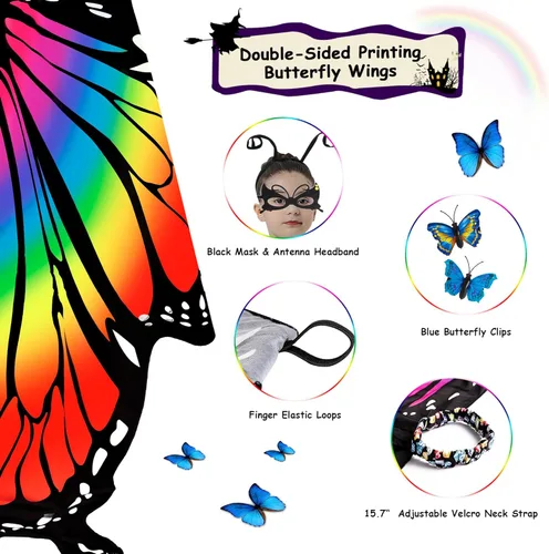 Vista 3 de Tibeha Disfraz de mariposa para niñas Capa de Halloween con alas de impresión de doble cara con máscara, diadema de antena, pinzas para el cabello