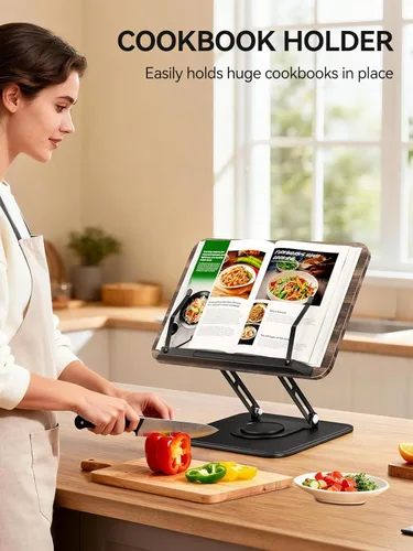 Vista 3 de Tounee Soporte para libros, soporte giratorio de 360°, soporte ajustable para libros de cocina para leer manos libres, soporte plegable para libros