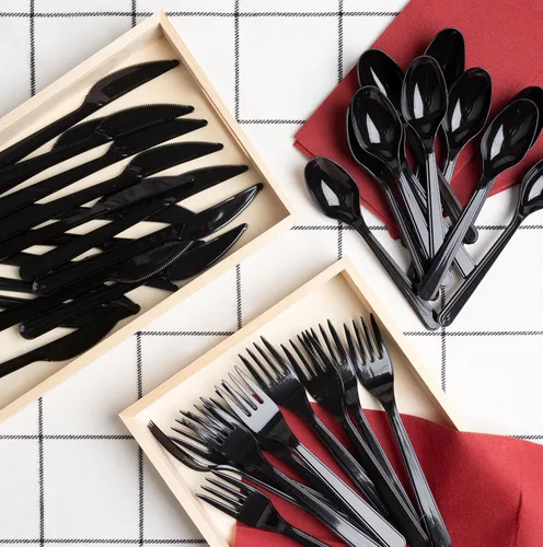 Vista 5 de PlasticPro Juego de 50 tenedores de plástico pesados, tenedores desechables negros, juego de cubiertos de plástico