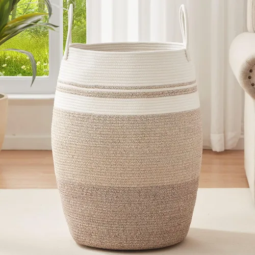 Vista 9 de OIAHOMY Cesta para ropa sucia tejida de cuerda de algodón, canasto grande para ropa con asas de algodón extendidas para almacenamiento de ropa