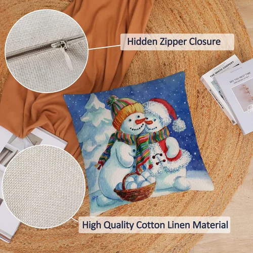 Vista 2 de Juego de 4 fundas de almohada de Navidad de 20 x 20 pulgadas, fundas de almohada de Navidad, muñeco de nieve, Papá Noel, fundas de almohada