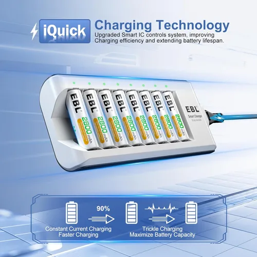 Vista 5 de Baterías recargables de EBL, en tamaños AA, AAA, Ni-MH, con cargador