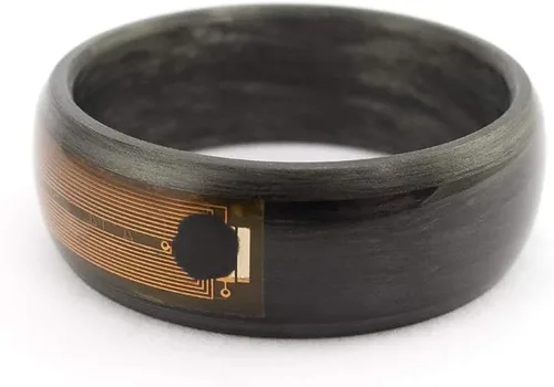Vista 3 de NFC Smart Ring rounded pure carbon fiber. Unique and industrial black matte wedding band. Water resistant and hypoallergenic. (04906_8N)