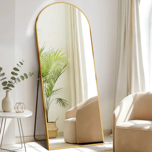 Vista 40 de DUMOS - Espejo de pie arqueado de cuerpo completo con soporte, marco de aluminio, para colgar o apoyar, nanocristal inastillable, para decorar