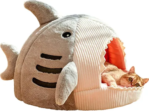 Vista 8 de QWINEE Cama para Gatos en Forma de Tiburón, Cama para Gatitos, Casa de Escondite, Cálida, Suave, Cómoda, Semicerrada, Azul, Tamaño S