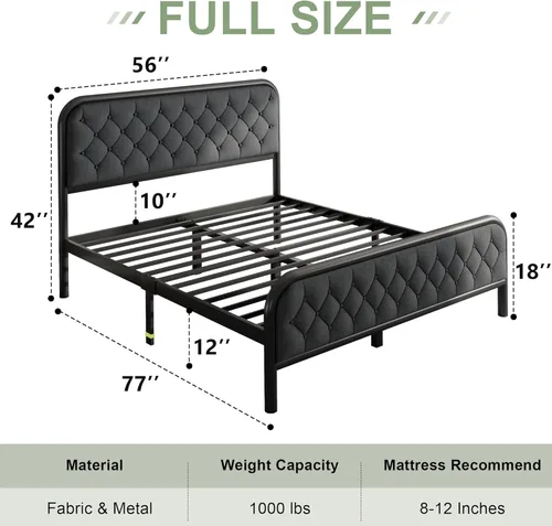 Vista 2 de Feonase Base de cama de tamaño matrimonial con cabecera tapizada de lino, cama de plataforma de metal resistente con espacio de almacenamiento