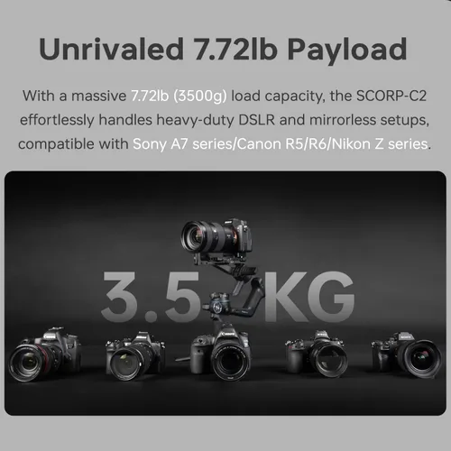 Vista 3 de FeiyuTech SCORP-C2 Estabilizador cardán de 3 ejes con seguimiento de IA para cámaras DSLR, sin espejo y Vlogging, carga útil de 7.72 lb (3.5 kg)