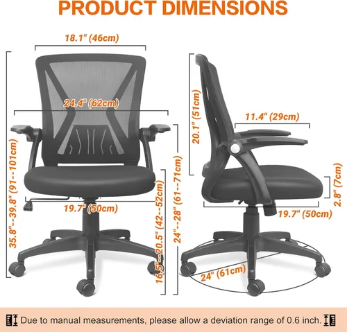 Vista 2 de Silla de oficina de malla ergonómica con respaldo medio, giratoria, de malla negra, brazos abatibles con soporte lumbar, silla de computadora