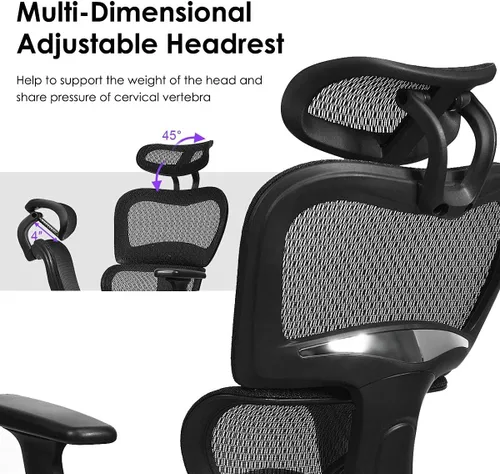 Vista 4 de Giantex Silla de oficina ergonómica, silla de computadora de malla con reposabrazos 3D ajustable, reposacabezas, soporte lumbar extraíble, sillas