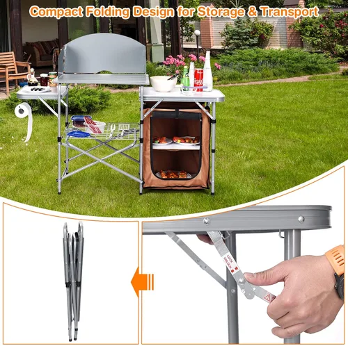 Vista 5 de Tangkula Mesa de cocina plegable para acampar, mesa portátil de aluminio con parabrisas, estación de cocina, mesa de cocina de campamento