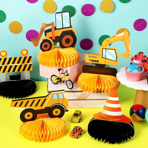 Vista 5 de Zonon 8 piezas de centros de mesa de construcción para fiesta de cumpleaños, suministros de decoración de panal de abeja para auto, camión, zona