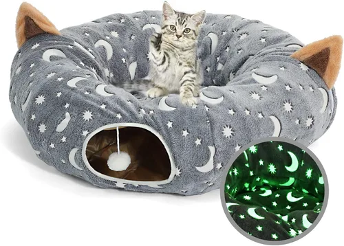 Tubo de cama y túnel para gatos con cojín y juguete de bola de peluche de tela de franela autoiluminada plegable de 3 pies para gatos grandes o