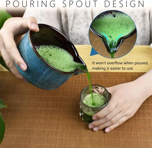 Vista 4 de Artcome Kit completo de ceremonia de matcha de 7 piezas para ceremonia de té, cuenco con boquilla de vertido, batidor, cuchara de té, colador