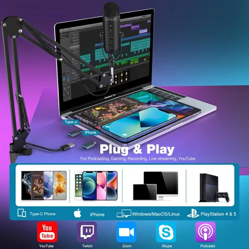 Vista 2 de ZeaLSound Micrófono para PC, micrófono condensador de podcast con soporte de brazo de pluma, botón de silencio para transmisión, perilla de ganancia