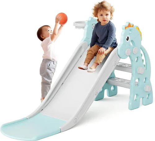 67i Tobogán para niños pequeños para jugar en interiores y exteriores con aro de baloncesto, pasos antideslizantes, escalador para bebé de 46.8 Verde