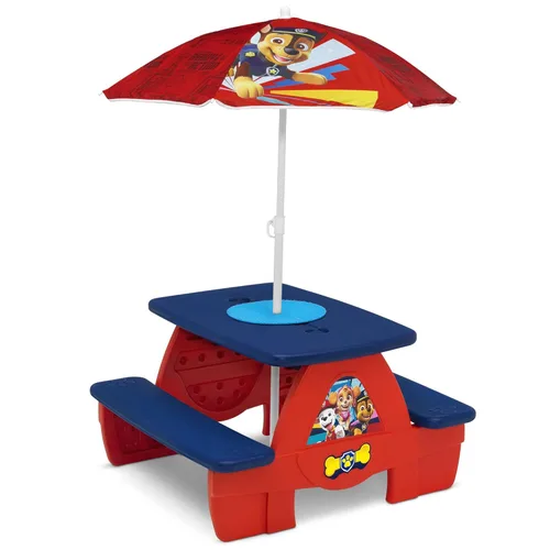 Delta Children Mesa de picnic de actividad de 4 asientos con paraguas y mesa compatible con Lego, PAW Patrol