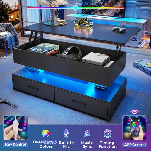 Vista 8 de SEDETA Mesa de centro elevable de 40 pulgadas, mesas de centro con almacenamiento para sala de estar, mesa de centro pequeña con 2 cajones y luz LED