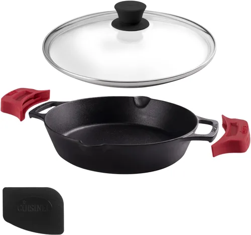 Vista 20 de Sartén de hierro fundido + Juego de tapa de hierro fundido – Sartenes de 8"+10"+12" de doble mango + raspador de sartén + fundas de soporte de mango