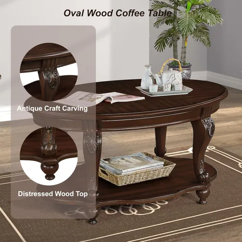 Vista 4 de Mesa de café ovalada de madera para sala de estar, mesa de café de dos niveles de madera maciza con estante de almacenamiento abierto, mesa