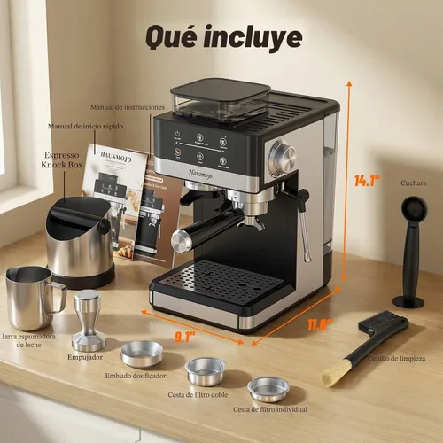 Vista 8 de Máquina de café expreso con molinillo, máquinas de café Expresso de 20 bar con espumador de leche, cafetera compacta profesional de acero inoxidable